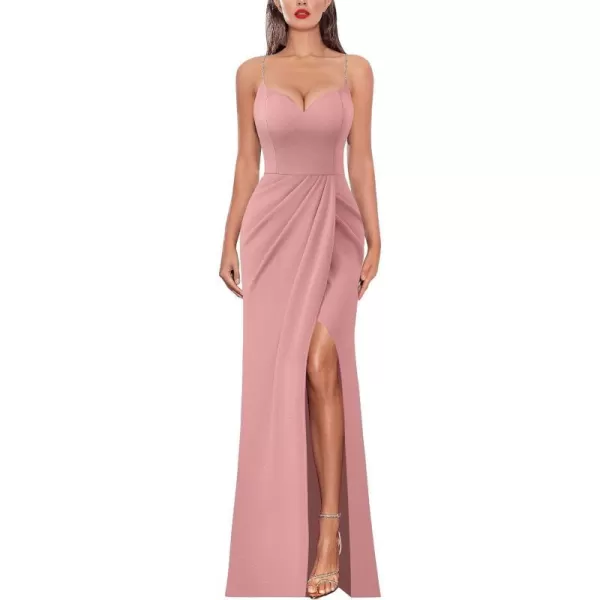 VFSHOW Womens Sexy Formal Ruched Fitted High Slit Bodycon Maxi Dress Spaghetti Strap Sweetheart Cocktail Prom Evening GownSparkly Dusty Pink