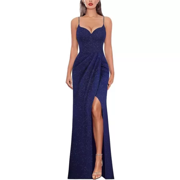 VFSHOW Womens Sexy Formal Ruched Fitted High Slit Bodycon Maxi Dress Spaghetti Strap Sweetheart Cocktail Prom Evening GownSparkly Navy Blue4