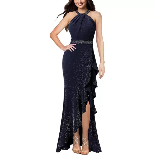 VFSHOW Womens Sexy Halter Neck Beaded Ruffle Slit Prom Formal Maxi Dress 2023 Wedding Guest Twist Front Cocktail Evening GownShiny Navy Blue