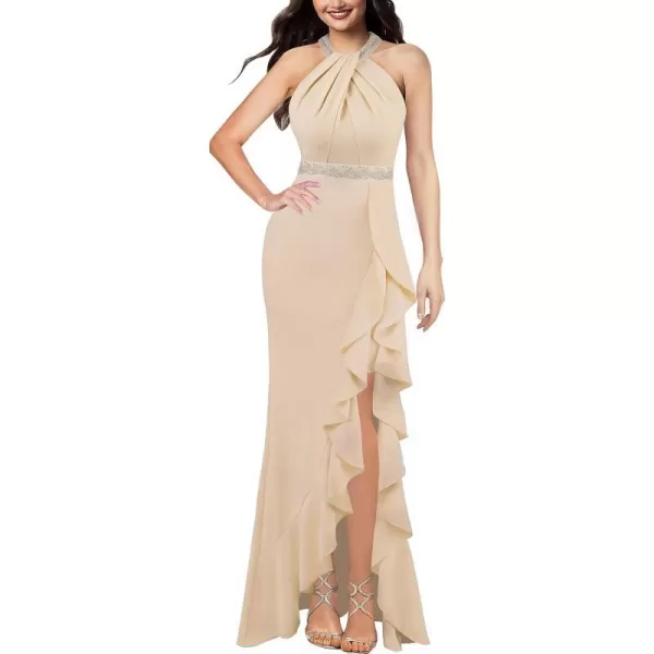 VFSHOW Womens Sexy Halter Neck Beaded Ruffle Slit Prom Formal Maxi Dress 2023 Wedding Guest Twist Front Cocktail Evening GownSparkly Apricot