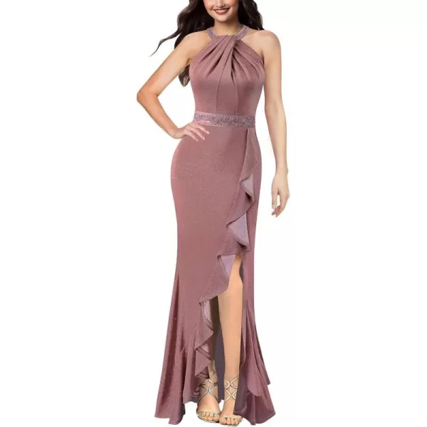 VFSHOW Womens Sexy Halter Neck Beaded Ruffle Slit Prom Formal Maxi Dress 2023 Wedding Guest Twist Front Cocktail Evening GownSparkly Dusty Pink