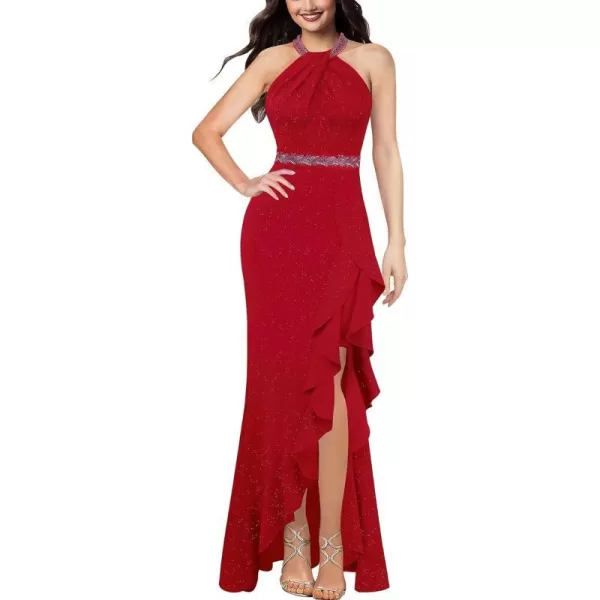 VFSHOW Womens Sexy Halter Neck Beaded Ruffle Slit Prom Formal Maxi Dress 2023 Wedding Guest Twist Front Cocktail Evening GownSparkly Red1