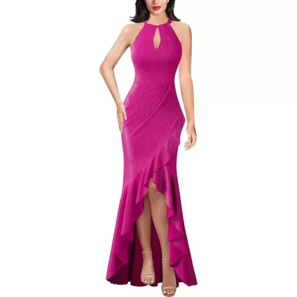 VFSHOW Womens Sexy Halter Neck Formal Cutout Ruffle Slit Ruched Prom Maxi Dress 2023 Wedding Guest HILO Mermaid Evening Gown2sparkly Hot Pink