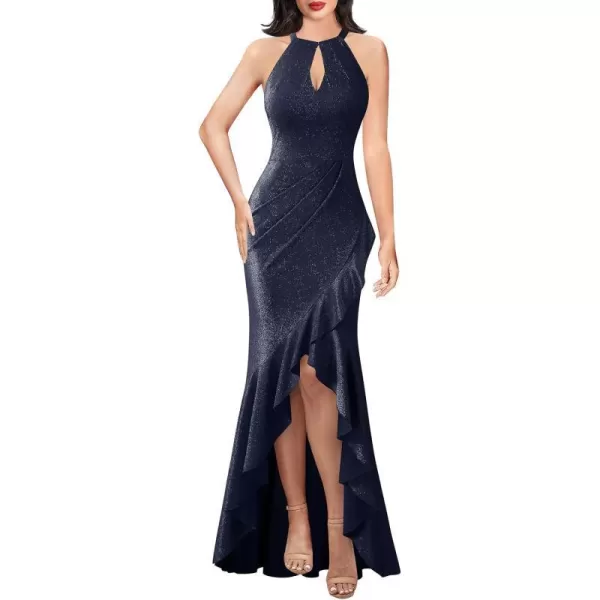 VFSHOW Womens Sexy Halter Neck Formal Cutout Ruffle Slit Ruched Prom Maxi Dress 2023 Wedding Guest HILO Mermaid Evening Gown2sparkly Navy Blue