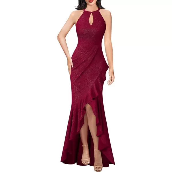 VFSHOW Womens Sexy Halter Neck Formal Cutout Ruffle Slit Ruched Prom Maxi Dress 2023 Wedding Guest HILO Mermaid Evening GownSparkly Dark Red