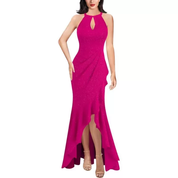 VFSHOW Womens Sexy Halter Neck Formal Cutout Ruffle Slit Ruched Prom Maxi Dress 2023 Wedding Guest HILO Mermaid Evening GownSparkly Hot Pink