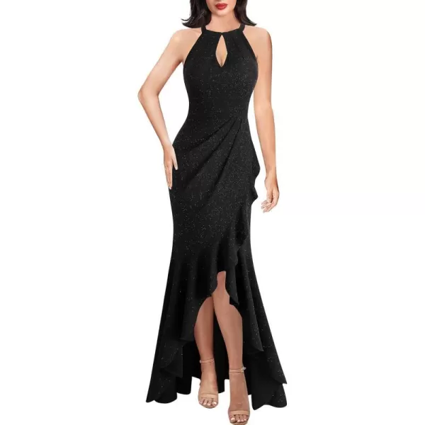 VFSHOW Womens Sexy Halter Neck Formal Cutout Ruffle Slit Ruched Prom Maxi Dress Wedding Guest HILO Mermaid Evening GownSparkly Black