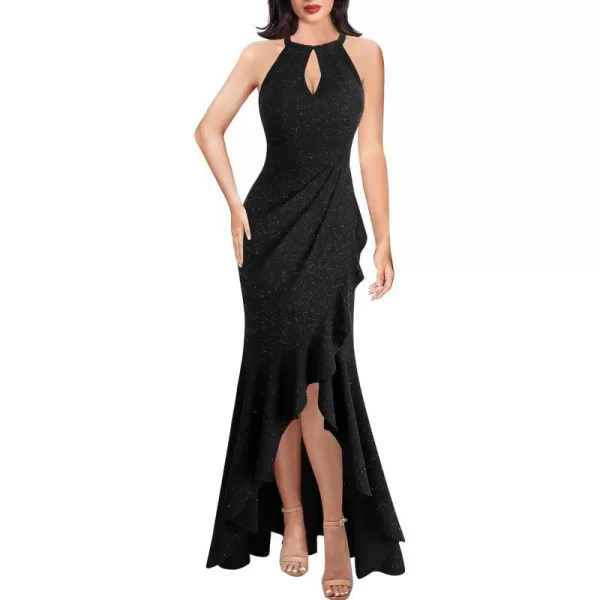 VFSHOW Womens Sexy Halter Neck Formal Cutout Ruffle Slit Ruched Prom Maxi Dress Wedding Guest HILO Mermaid Evening GownSparkly Black3