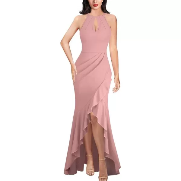 VFSHOW Womens Sexy Halter Neck Formal Cutout Ruffle Slit Ruched Prom Maxi Dress Wedding Guest HILO Mermaid Evening GownSparkly Blush Pink2