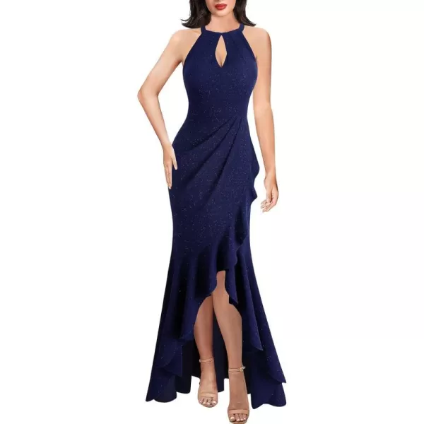 VFSHOW Womens Sexy Halter Neck Formal Cutout Ruffle Slit Ruched Prom Maxi Dress Wedding Guest HILO Mermaid Evening GownSparkly Navy Blue