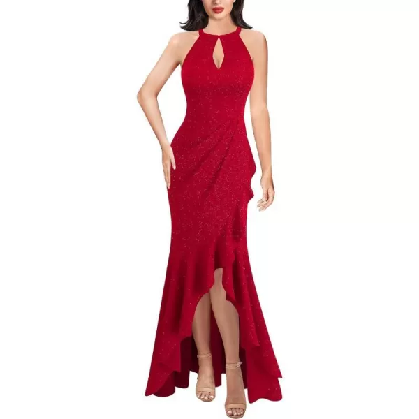 VFSHOW Womens Sexy Halter Neck Formal Cutout Ruffle Slit Ruched Prom Maxi Dress Wedding Guest HILO Mermaid Evening GownSparkly Red