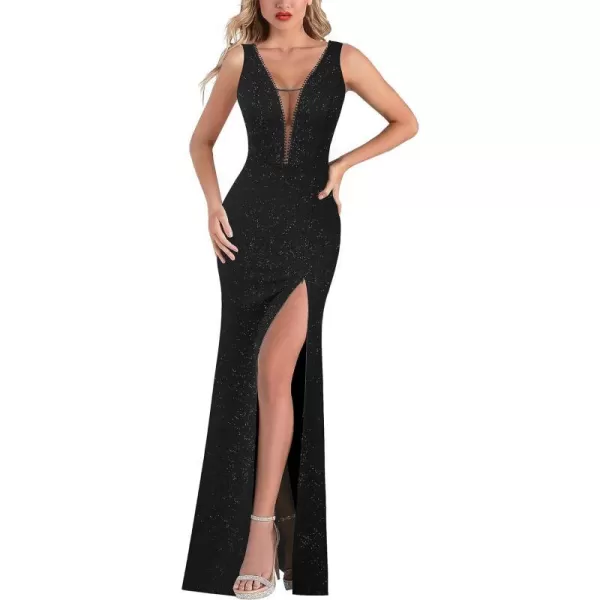 VFSHOW Womens Sexy Illusion Deep V Neck Formal Wedding Guest Prom Maxi Dress 2023 High Split Cocktail Gala Evening Long GownSparkly Black