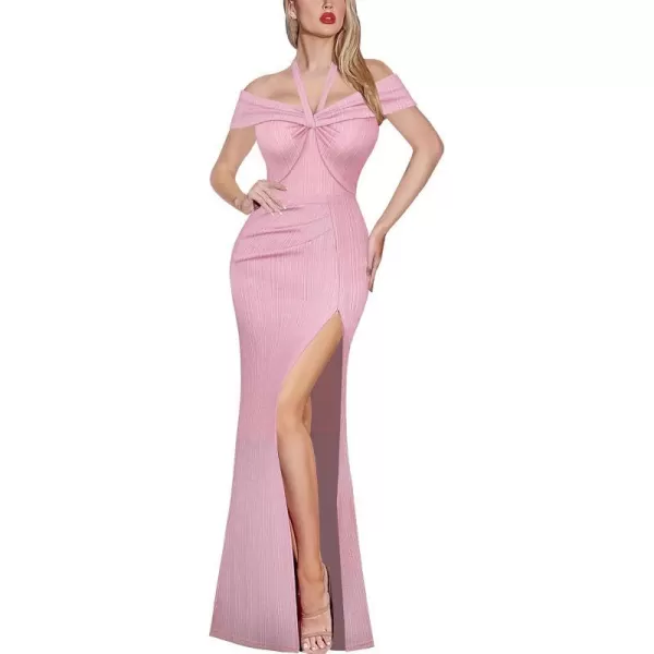 VFSHOW Womens Sexy Off Shoulder Halter Formal Prom Wedding Maxi Long Dress Ruched High Slit Cocktail Evening GownSparkly Pink