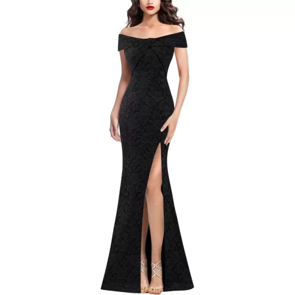 VFSHOW Womens Sexy Off Shoulder High Split Prom Formal Wedding Guest Maxi Dress Front Twist Knot Long Cocktail Evening GownBlack Lace