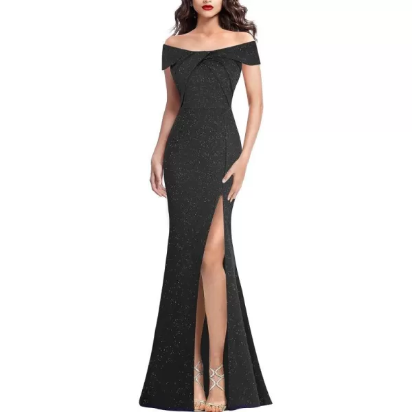 VFSHOW Womens Sexy Off Shoulder High Split Prom Formal Wedding Guest Maxi Dress Front Twist Knot Long Cocktail Evening GownSparkly Black