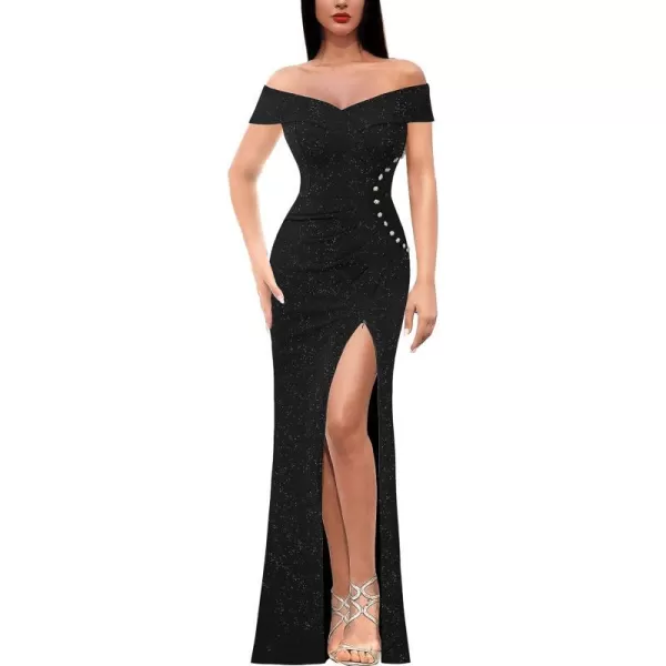 VFSHOW Womens Sexy Off Shoulder Ruched Buttons High Slit Prom Formal Maxi Dress 2023 Wedding Guest Cocktail Evening Long GownSparkly Black