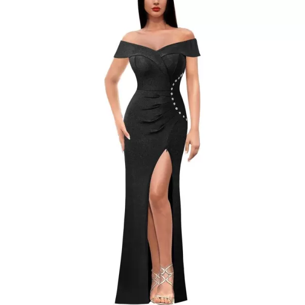 VFSHOW Womens Sexy Off Shoulder Ruched Buttons High Slit Prom Formal Maxi Dress 2023 Wedding Guest Cocktail Evening Long GownSparkly Black2