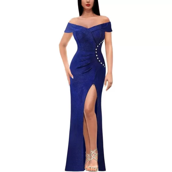 VFSHOW Womens Sexy Off Shoulder Ruched Buttons High Slit Prom Formal Maxi Dress 2023 Wedding Guest Cocktail Evening Long GownSparkly Blue2