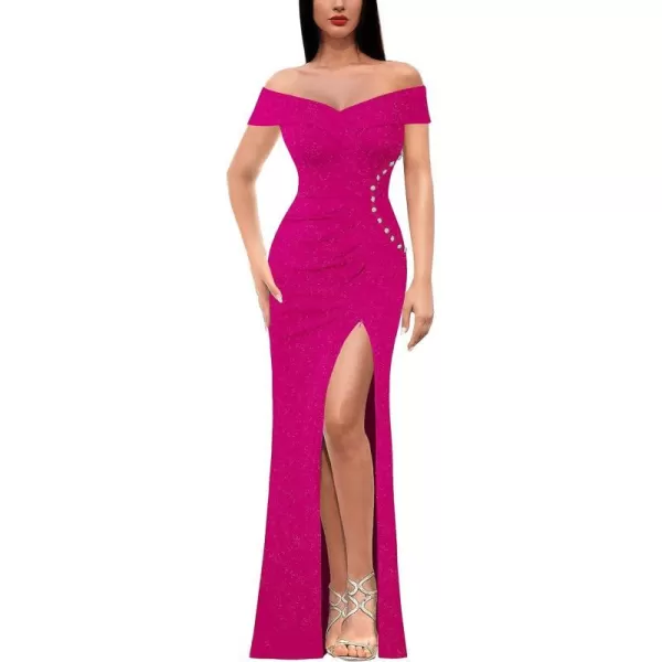 VFSHOW Womens Sexy Off Shoulder Ruched Buttons High Slit Prom Formal Maxi Dress 2023 Wedding Guest Cocktail Evening Long GownSparkly Hot Pink