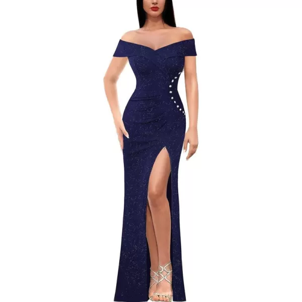 VFSHOW Womens Sexy Off Shoulder Ruched Buttons High Slit Prom Formal Maxi Dress 2023 Wedding Guest Cocktail Evening Long GownSparkly Navy Blue