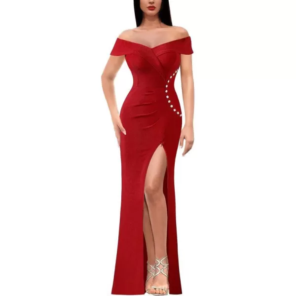 VFSHOW Womens Sexy Off Shoulder Ruched Buttons High Slit Prom Formal Maxi Dress 2023 Wedding Guest Cocktail Evening Long GownSparkly Red