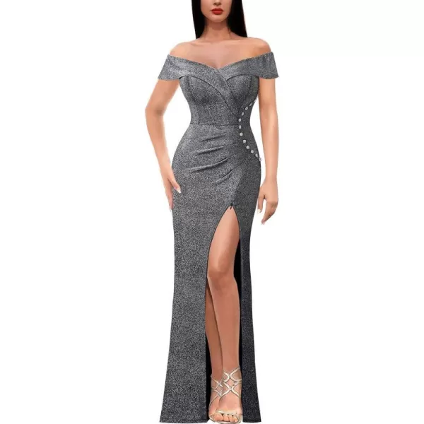 VFSHOW Womens Sexy Off Shoulder Ruched Buttons High Slit Prom Formal Maxi Dress 2023 Wedding Guest Cocktail Evening Long GownSparkly Silver Dark Grey