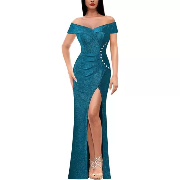 VFSHOW Womens Sexy Off Shoulder Ruched Buttons High Slit Prom Formal Maxi Dress 2023 Wedding Guest Cocktail Evening Long GownSparkly Teal Blue