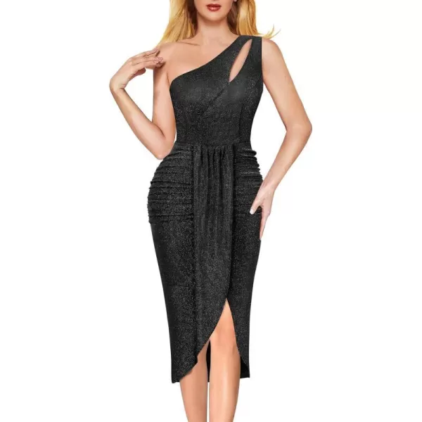 VFSHOW Womens Sexy One Shoulder Ruched Bodycon Cocktail Party Midi Dress 2023 Draped Tulip Wrap Split Glitter MidCalf DressShiny Black