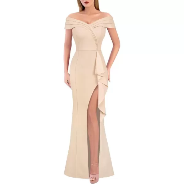 VFSHOW Womens Sexy Ruched Off Shoulder Prom Formal Wedding Guest Maxi Dress 2023 Ruffle High Split Evening Long Cocktail GownShiny Beige