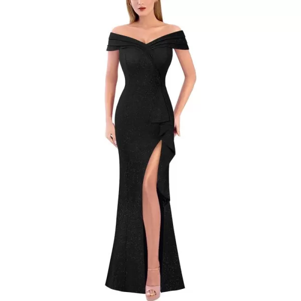 VFSHOW Womens Sexy Ruched Off Shoulder Prom Formal Wedding Guest Maxi Dress 2023 Ruffle High Split Evening Long Cocktail GownShiny Black