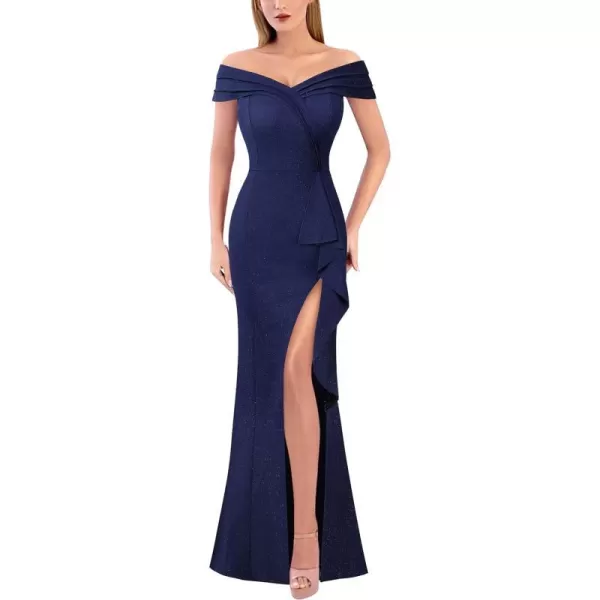 VFSHOW Womens Sexy Ruched Off Shoulder Prom Formal Wedding Guest Maxi Dress 2023 Ruffle High Split Evening Long Cocktail GownShiny Dark Blue