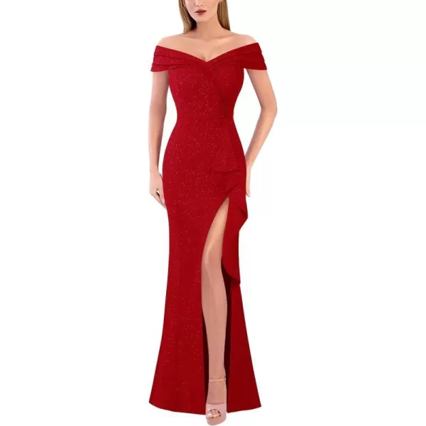 VFSHOW Womens Sexy Ruched Off Shoulder Prom Formal Wedding Guest Maxi Dress 2023 Ruffle High Split Evening Long Cocktail GownShiny Red