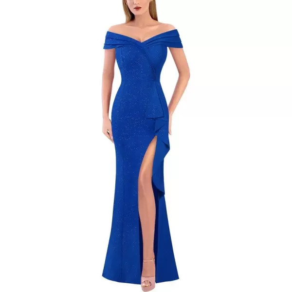 VFSHOW Womens Sexy Ruched Off Shoulder Prom Formal Wedding Guest Maxi Dress 2023 Ruffle High Split Evening Long Cocktail GownShiny Royal Blue