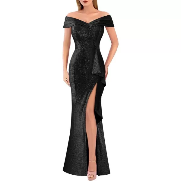 VFSHOW Womens Sexy Ruched Off Shoulder Prom Formal Wedding Guest Maxi Dress 2023 Ruffle High Split Evening Long Cocktail GownSparkly Black