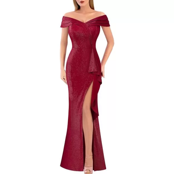 VFSHOW Womens Sexy Ruched Off Shoulder Prom Formal Wedding Guest Maxi Dress 2023 Ruffle High Split Evening Long Cocktail GownSparkly Red