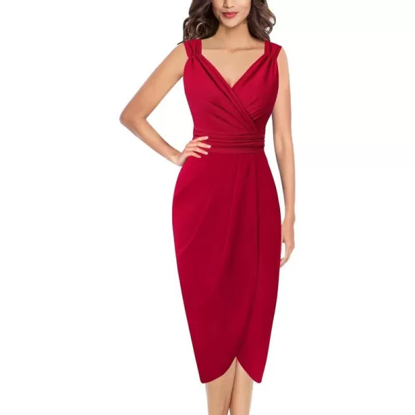 VFSHOW Womens Sexy Ruched Wrap V Neck Cocktail Party Pleated Midi Pencil DressRed