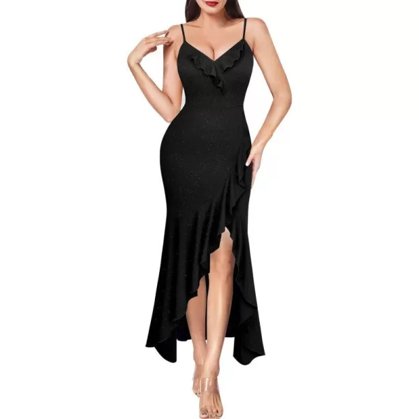 VFSHOW Womens Sexy Ruffle Deep V Neck Cocktail Party Bodycon Midi Dress Spaghetti Strap 2023 HiLo Slit Mermaid DressSparkly Black