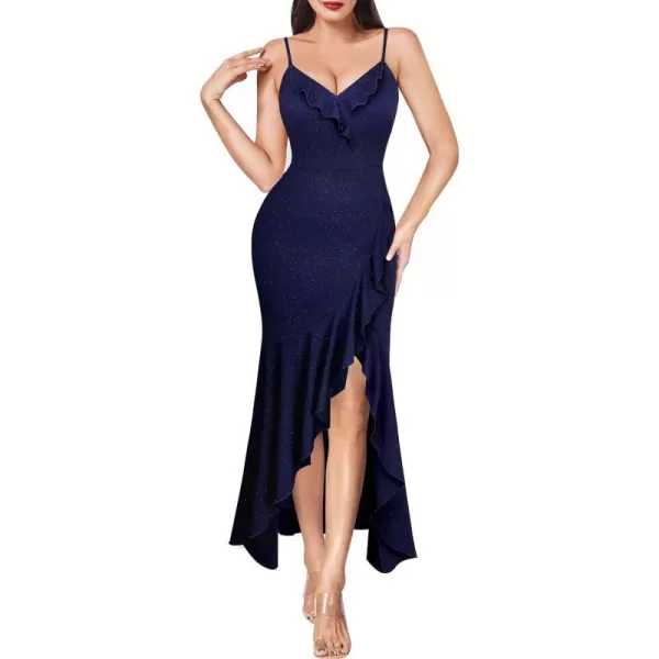 VFSHOW Womens Sexy Ruffle Deep V Neck Cocktail Party Bodycon Midi Dress Spaghetti Strap 2023 HiLo Slit Mermaid DressSparkly Navy Blue