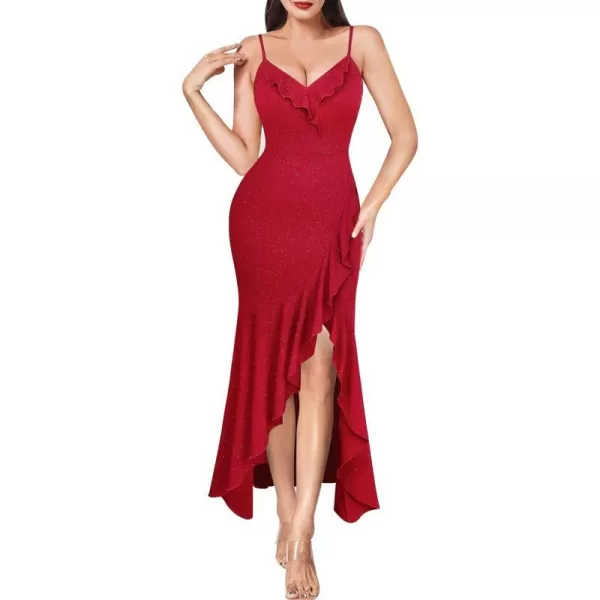 VFSHOW Womens Sexy Ruffle Deep V Neck Cocktail Party Bodycon Midi Dress Spaghetti Strap 2023 HiLo Slit Mermaid DressSparkly Red