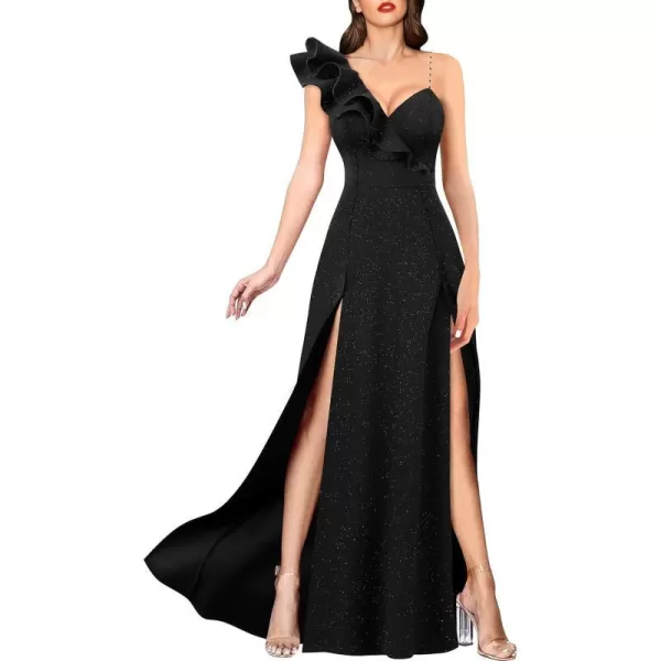 VFSHOW Womens Sexy Ruffle One Shoulder Double High Slit Formal Prom Maxi Dress V Neck Beaded Strap ALine Evening GownSparkly Black