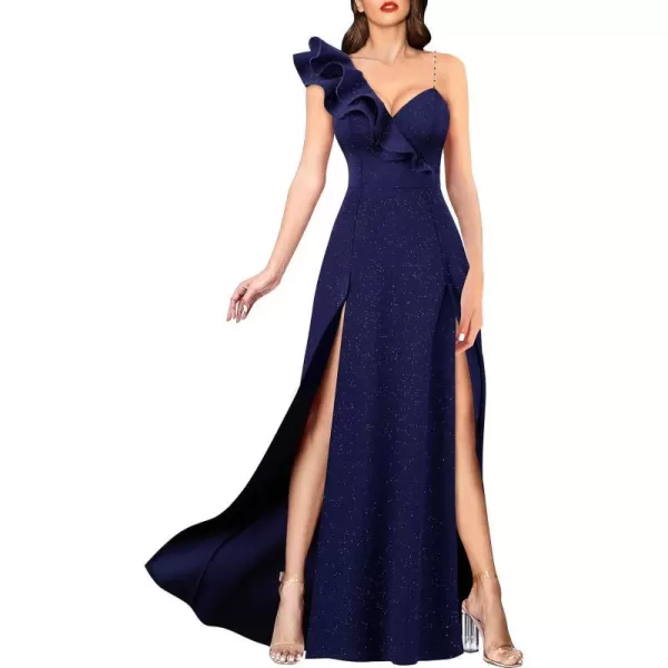 VFSHOW Womens Sexy Ruffle One Shoulder Double High Slit Formal Prom Maxi Dress V Neck Beaded Strap ALine Evening GownSparkly Dark Blue