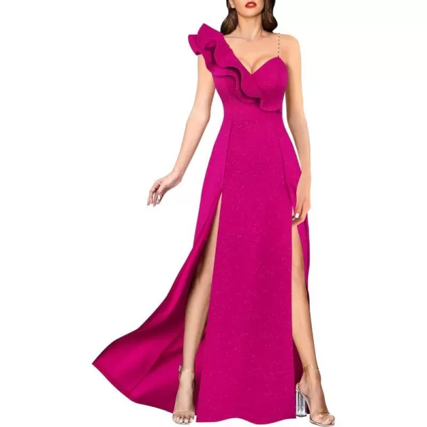 VFSHOW Womens Sexy Ruffle One Shoulder Double High Slit Formal Prom Maxi Dress V Neck Beaded Strap ALine Evening GownSparkly Hot Pink