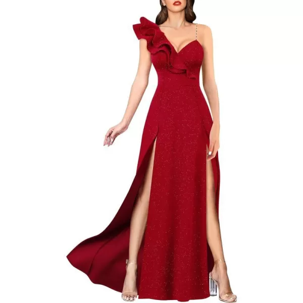 VFSHOW Womens Sexy Ruffle One Shoulder Double High Slit Formal Prom Maxi Dress V Neck Beaded Strap ALine Evening GownSparkly Red