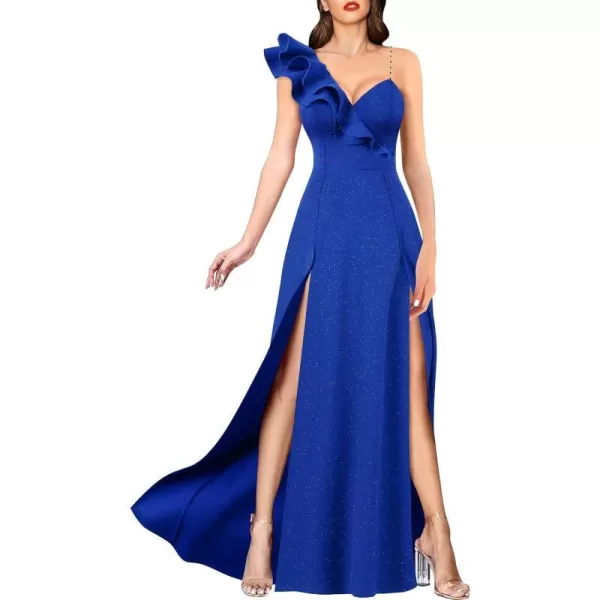 VFSHOW Womens Sexy Ruffle One Shoulder Double High Slit Formal Prom Maxi Dress V Neck Beaded Strap ALine Evening GownSparkly Royal Blue