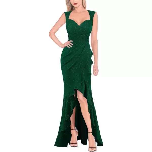 VFSHOW Womens Sexy Ruffle V Neck Ruched Formal Wedding Guest Prom Maxi Dress 2023 Sweetheart Evening Keyhole Back HILO GownSparkly Green