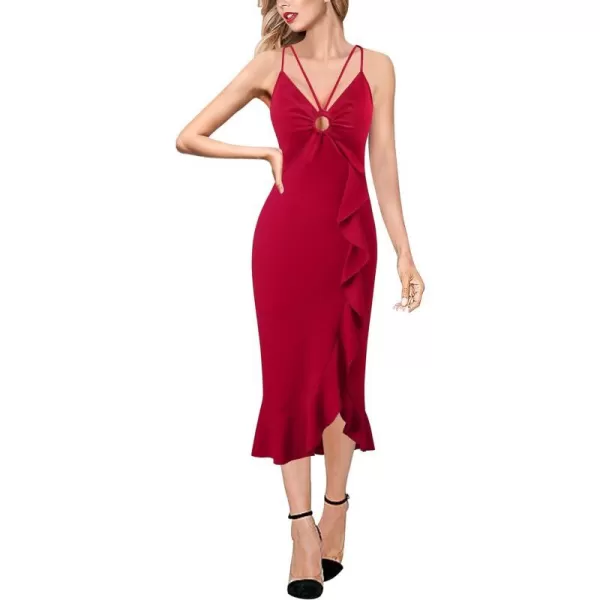 VFSHOW Womens Sexy Spaghetti Strap Backless Keyhole 2023 Ruffle Split Party Club Night Out Midi Bodycon DressRed