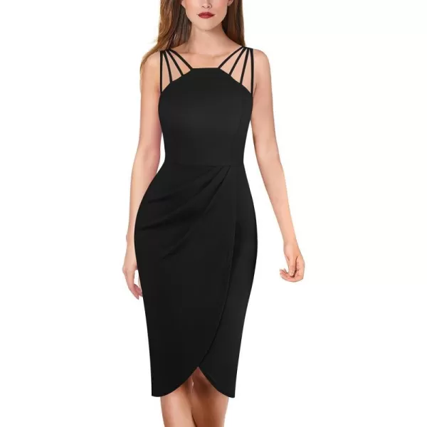 VFSHOW Womens Sexy Spaghetti Strap Ruched Cocktail Party Bodycon 2023 Wedding Guest Backless Slim Split Tulip Hem Wrap DressBlack