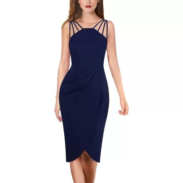 VFSHOW Womens Sexy Spaghetti Strap Ruched Cocktail Party Bodycon 2023 Wedding Guest Backless Slim Split Tulip Hem Wrap DressNavy Blue