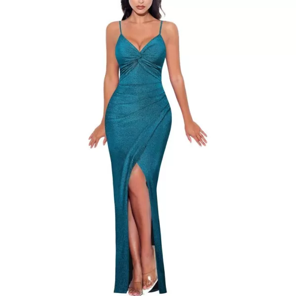 VFSHOW Womens Sexy Spaghetti Strap Ruched Twist V Neck Backless Split Formal Evening Maxi DressSparkly Peacock Blue