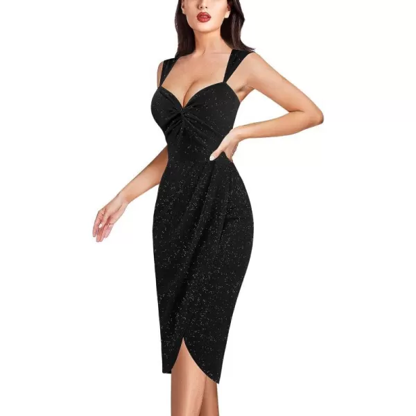 VFSHOW Womens Sexy Strap V Neck Ruched Backless Cocktail Bodycon Midi Dress Twist Front Wrap Slit Party Night Out DressSparkly Black